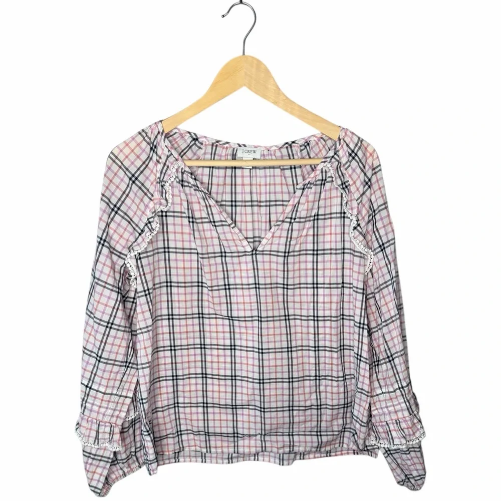 J. Crew Plaid Ruffle Trim Peasant Top